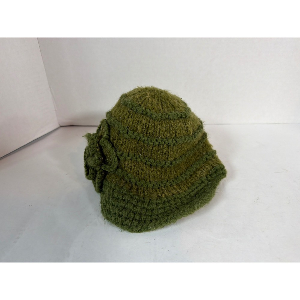 Green Knit Beanie with Crochet Flower Detail Boho Winter Cap Olive Textured Hat - Picture 2 of 3
